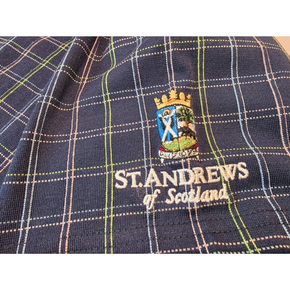 St. Andrews of Scotland Mens Large Navy Blue Plaid Golf Polo Shirt Crest Logo - Picture 2 of 7
